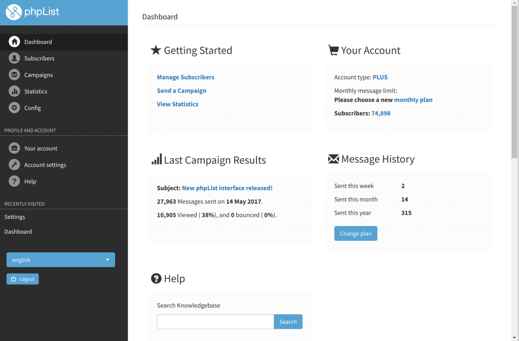 phpList new interface dashboard screenshot