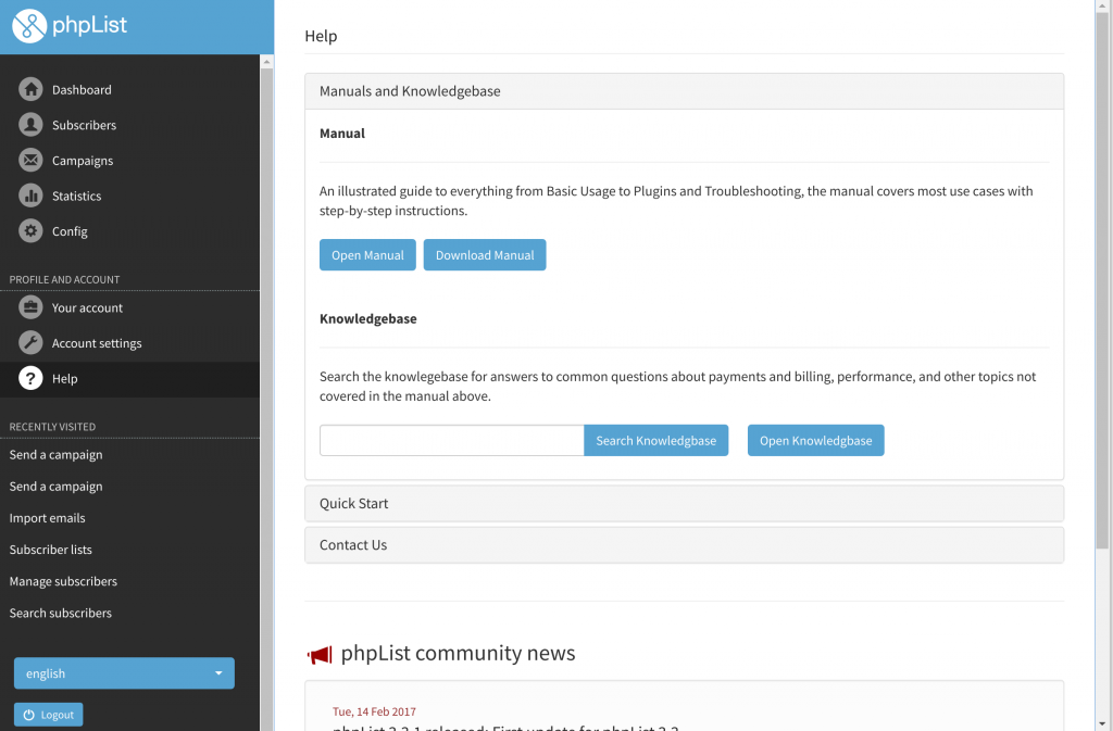 phpList new interface help section screenshot