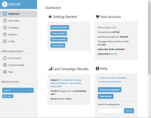 Screenshot of the new phpList dashboard