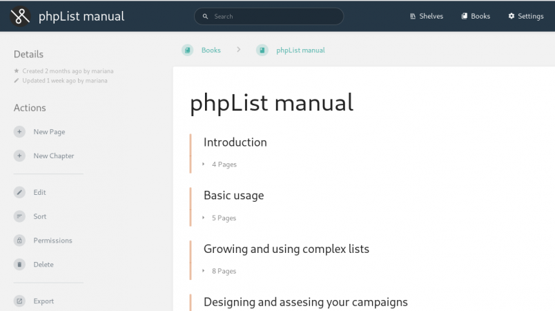 Screenshot of the new phpList manual running on BookStack